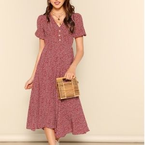 SHEIN Small Red Floral Puffed Sleeve Midi Dress